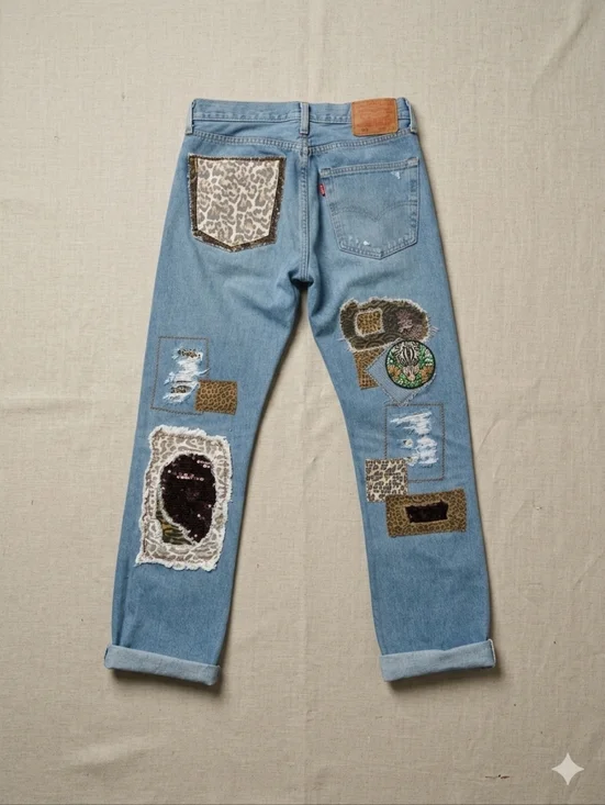 LEVI Button Fly 501 32x34 Upcycled Patchwork Jeans By ThreadsReclaimed - Picture 4 of 16